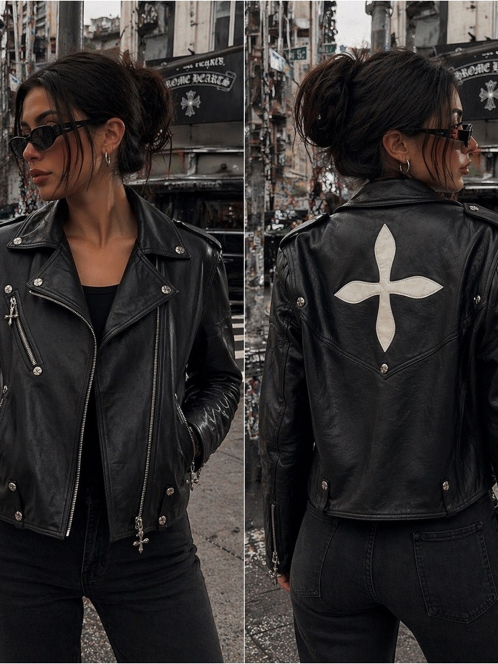 Women’s Chrome Heart Vibe Lambskin Leather Moto Jacket Black Luxe Size S